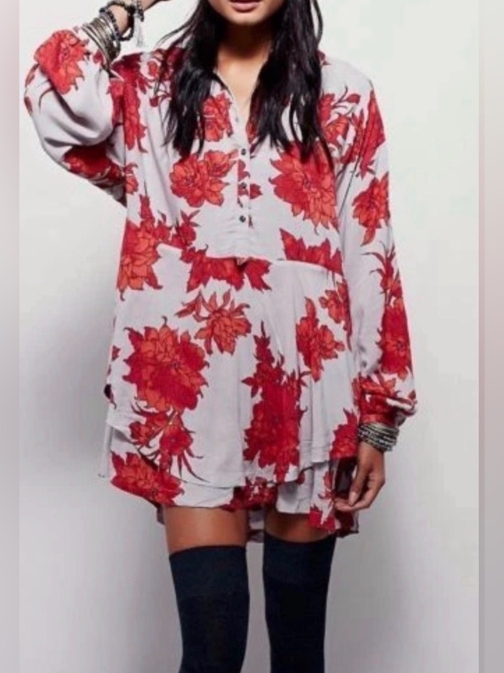 Free People - Greyish Beige Tunic Dress with Red Floral Print